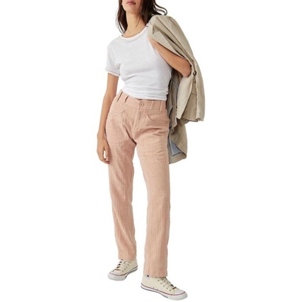 Free People Womens L Big Hit Slouch Pink Linen Blend Cargo Ankle Pant Boho
